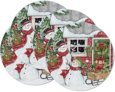 CounterArt Snowman's Farmhouse Round Reversible Easy Care Flexible Plastic Placemat 4 Pack Made in The USA