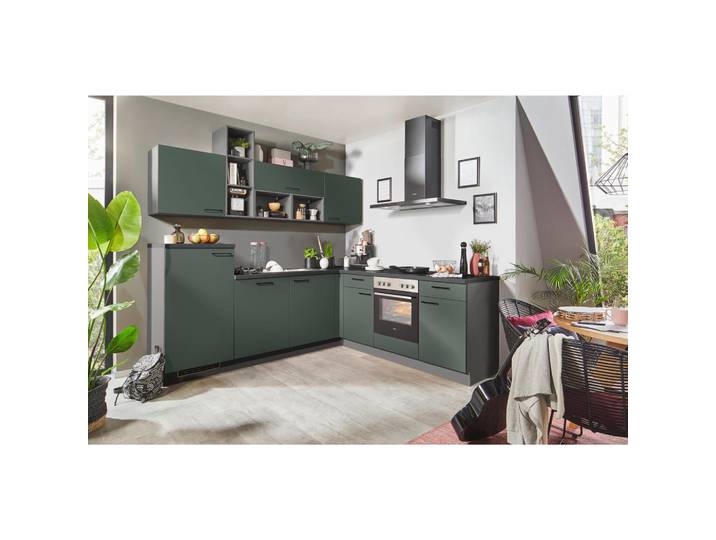 Welnova Eckküche Win, Anthrazit, Dunkelgrün, nur wie online abgebildet bestellbar, 245x225 cm, Made in Germany, seitenverkehrt erhältlich, vormontierter Korpus, Küchen, Eckküchen, Eckküchen ohne Geräte
