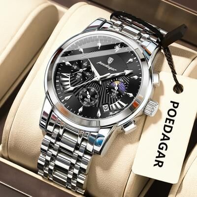 Youfap Market Men's Quartz Watches, Stainless Steel Chronograph, Original Military Waterproof Luminous Date Watch silver Black