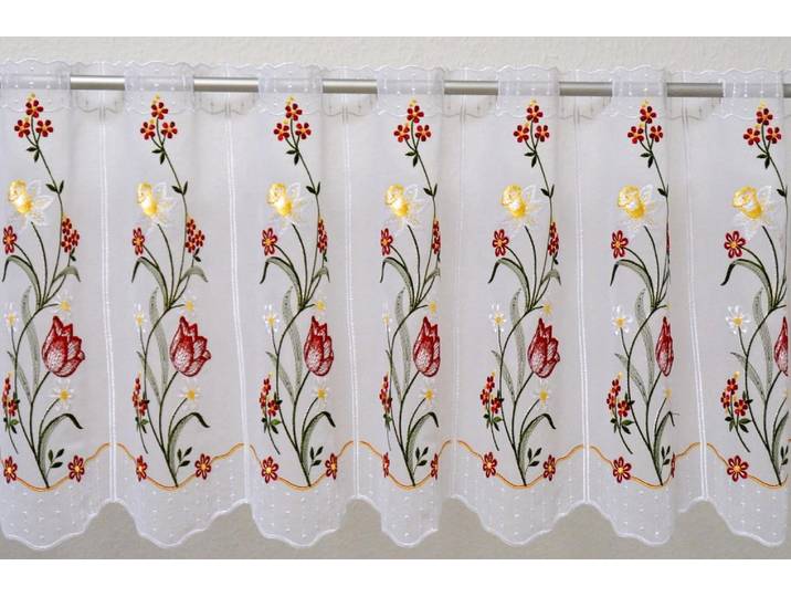 Scheibengardine STICKEREIEN PLAUEN Tulpe Gr. 2, weiss (weiß), B:128cm H:40cm, Voile, Polyester, Gardinen, Scheibengardine, veredelt mit echter Plauener Spitze Stickerei