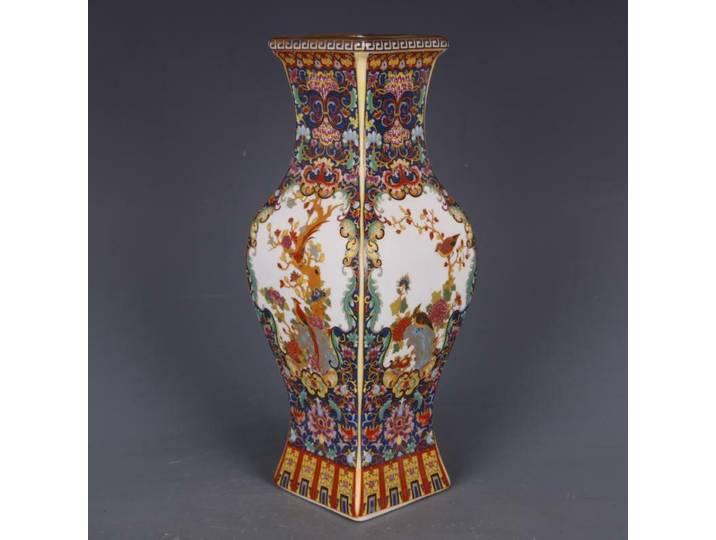 Vase chinois à collectionner en porcelaine émaillée de couleur dorée, 9.6 pouces, quatre saisons, fleur, oiseau, quatre côtés