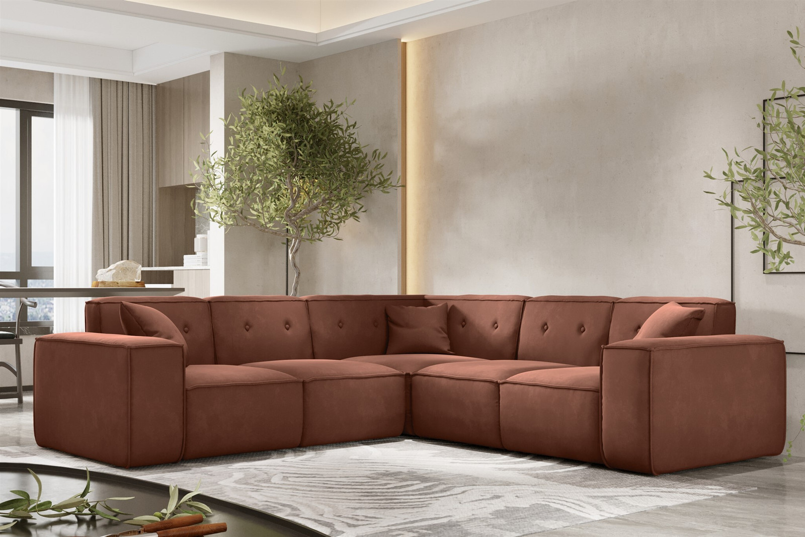 Designbank Designersofa CESINA met Opera Velvet bekleding, bruin, L-vormig