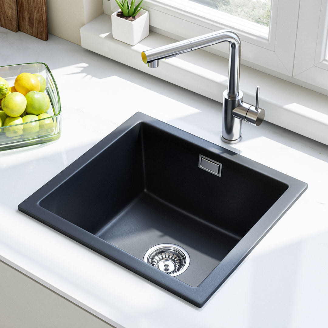 HOROW Black Granite Kitchen Sink 40 x 45 cm Single Bowl with Waste Kit and Siphon Black