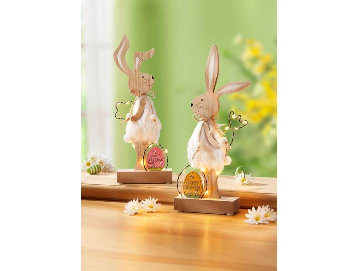 Beleuchtete Hasen aus Holz, 2er-Set, Braun-Weiss