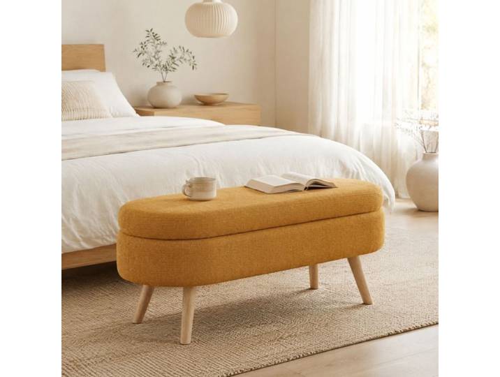 Banc de rangement 110 cm en chenille jaune - forme ovale coffre intégré