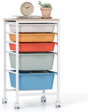 Costway 5-Drawer Rolling Storage Cart Mobile Utility Organizer with Wooden Tabletop and Lockable Wheels-Macaron