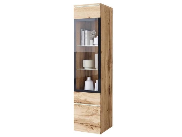 Livetastic Vitrine Vera, Eiche Wotan, 3 Fächer, kaltweiß, 30x130x33 cm, Fsc, stehend, hängend, Wohnzimmer, Wohnwände, Vitrinenschränke