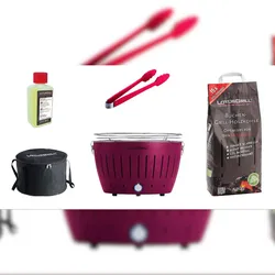 LotusGrill Starter-Set Classic 1x Grill Pflaumenlila mit USB-Anschluß, 1x Buchenholzkohle 2,5 kg, 1x Brennpaste 200ml, 1x Würstchenzange (Farbe nach
