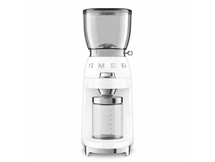 Smeg, Kaffeemühle CGF11WHEU, konisches Edelstahlmahlwerk, 30 Mahlgrad Einstellungen, 350 g Kaffeebohnenbehälter, Premium Aluminium-Druckgussgehäuse, 150W, Weiß