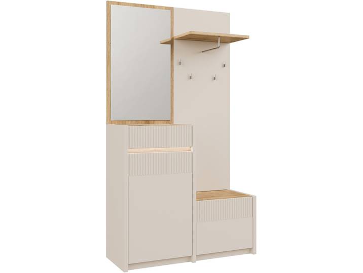 Kompaktgarderobe FORTE Oak Squere Garderobe, 1 Türe, 1SK, 1 Klappe , beige (mauvella eiche, kashmir beige), B:108,4cm H:195,9cm T:41,7cm, Holzwerkstoff, Schränke, Kompaktgarderobe, B/H/T 108,4 /195,9/41,7 cm Spiegel, Haken, Kleiderstange