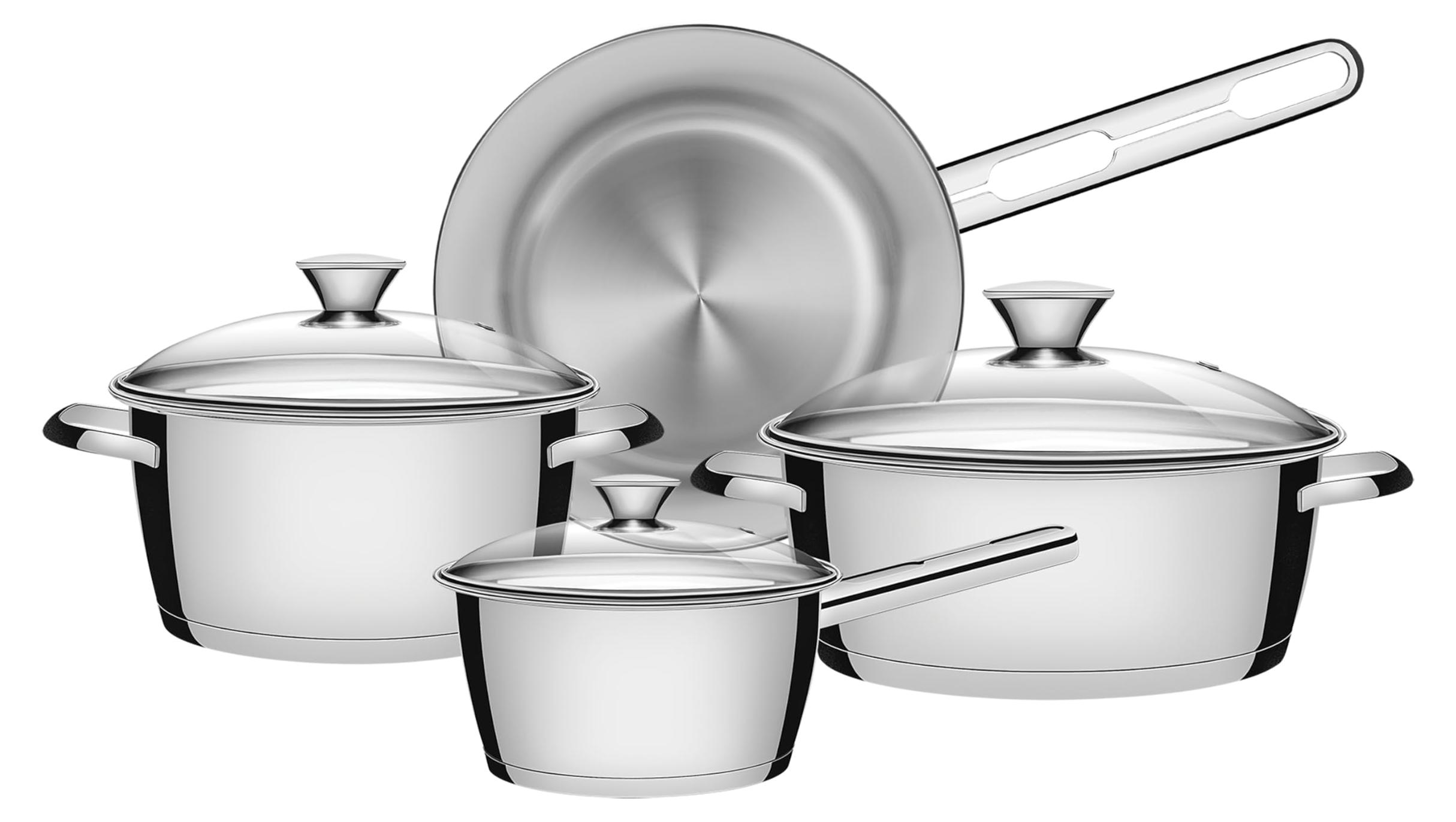4-tlg. Edelstahl-Kochgeschirr-Set mit Glasdeckeln, induktionsgeeignet