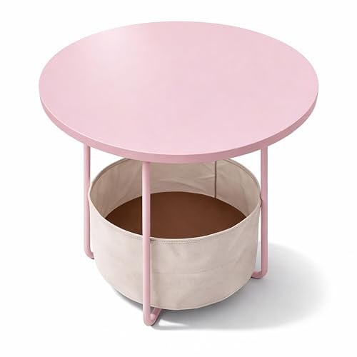 Relaxdays Bijzettafel met ronde stoffen mand, roze-beige