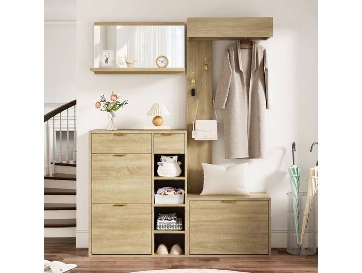Ensemble de garde-robe de Couloir Meuble d'entrée vestiaire avec Armoire à Chaussures Banc Miroir Mural et Tableau de garde-robe