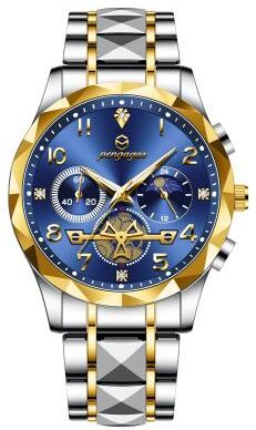 Inspire Select PAAZOMU Luxury Stainless Steel Men's Chronograph Quartz Watch With Moon Phase gold Blue