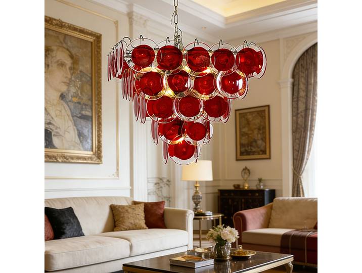 Lustre en verre rouge vintage de luxe, lampe suspendue rétro à plusieurs niveaux en verre de Murano pour salon, loft, luminaire E27