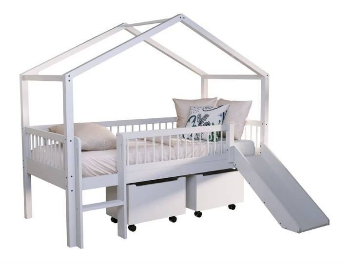 58 aufm Kessel Kinderbett Hausbett halbhoch 90x200 Keeley Buche Rutsche Rollboxen (inkl. Versand, Lieferung bis Verwendungsstelle), Spielbett im Hausdesign mit Rutsche und Rollboxen für Stauraum