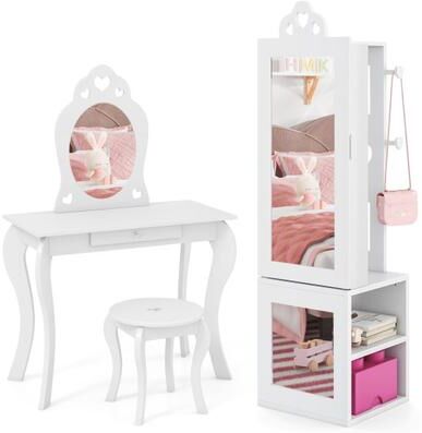 Costway Princess Vanity Table and Stool Set Freestanding Jewelry Cabinet Armoire with Full-Length Mirror-White