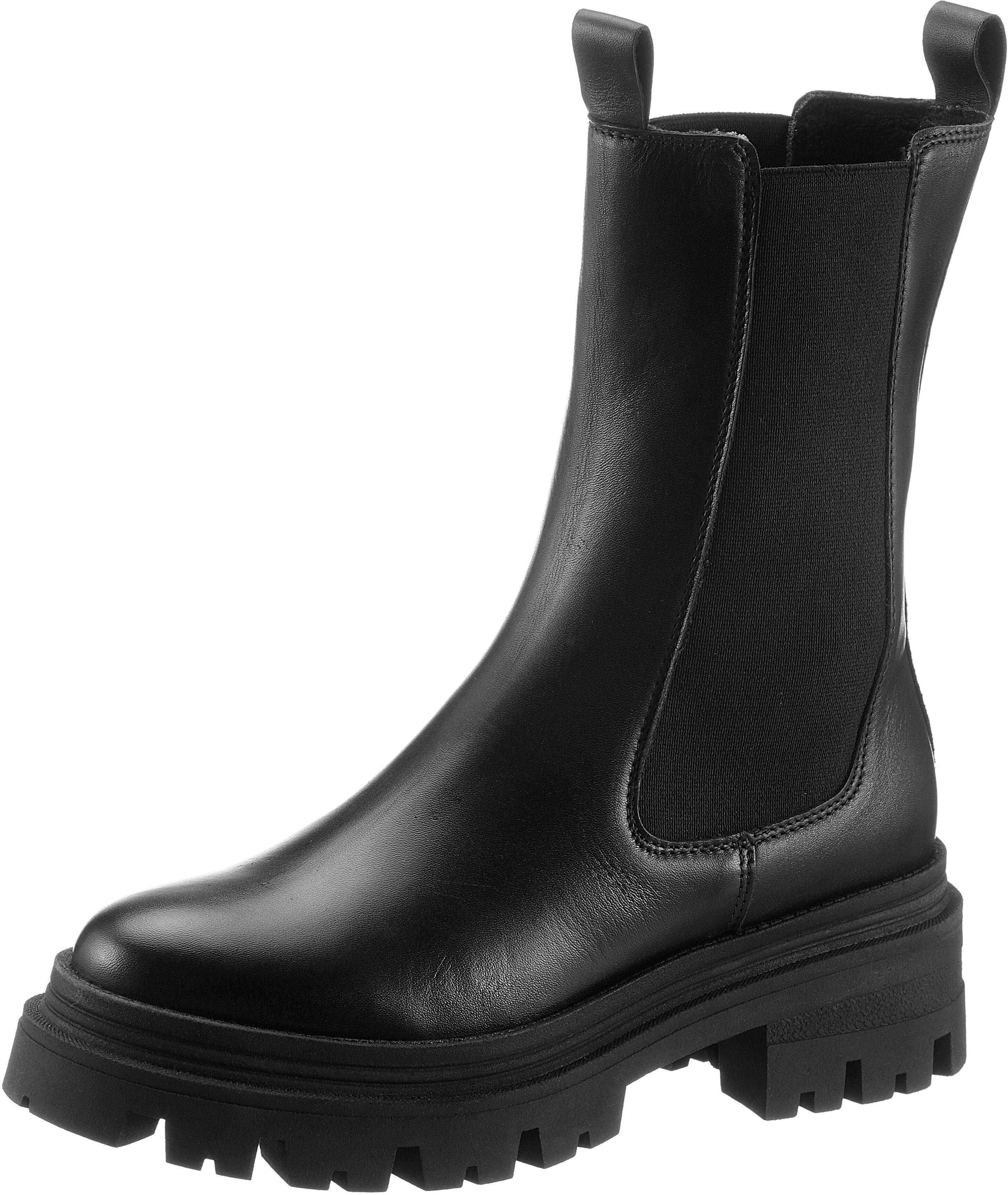 Chelseaboots TAMARIS, Damen, Gr. 42, wärmend, schwarz, Elastischer Einsatz, Glattleder, schimmernd, unifarben, Basic, Schuhe Chelseaboots, Blockabsatz, Schlupfboot, Chelseaboot für Damen schwarz 42, wärmend