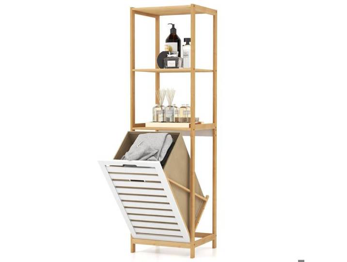 Buanderie et salle de bain : tri du linge facilité avec ce meuble étagère de rangement et corbeille amovible bambou