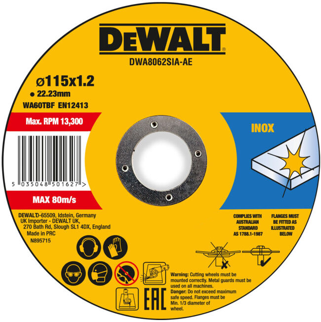 Disque à tronçonner DEWALT haute performance 115x1,2x22,23mm Inox type 41 (plat) DWA8062SIA-AE (DWA8062SIA-AE)