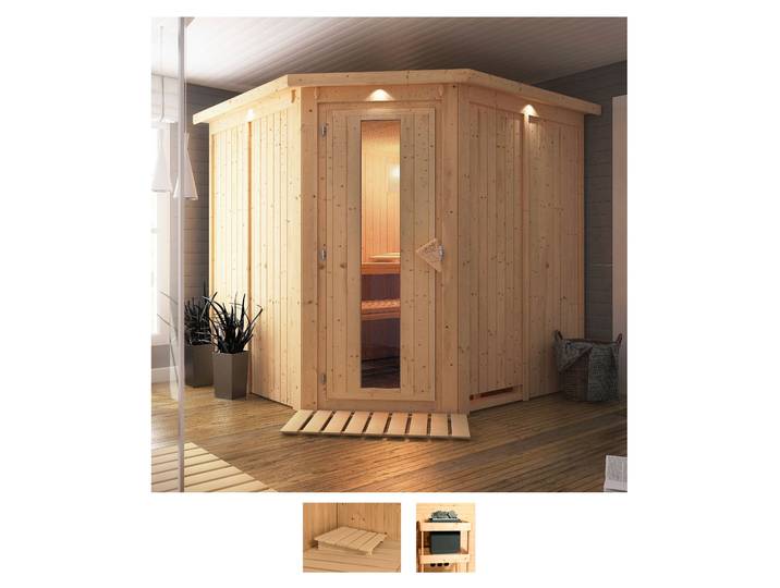 Sauna KARIBU Jarin , beige (naturbelassen), ohne Ofen, (ohne Ofen), Saunen, Sauna, ohne Ofen