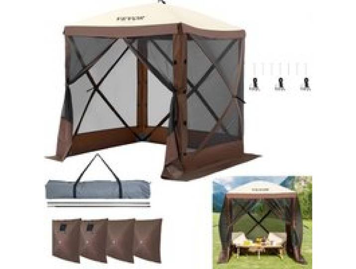 VEVOR Pop-Up-Pavillonzelt, Pop-Up-Zelt mit 4-seitigem Baldachin, Sonnenschutz mit 4 abnehmbaren Sichtschutz-Windtüchern und Netzfenstern, 6 x 6 Fuß, Schnellaufbau-Zelt mit Moskitonetz, braun