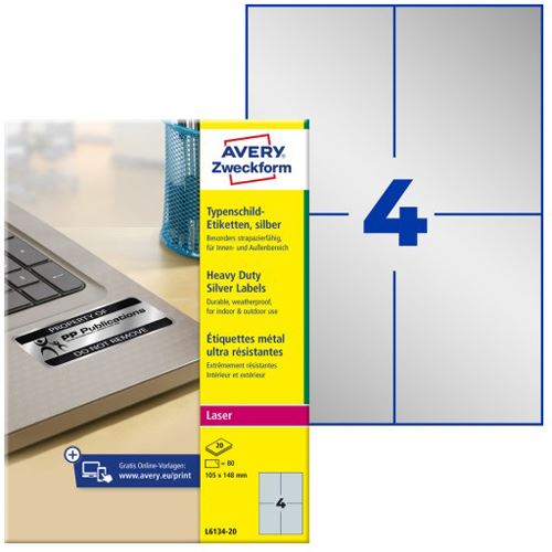 AVERY Zweckform 80 Typenschildetiketten L6134-20 silber 105,0 x 148,0 mm