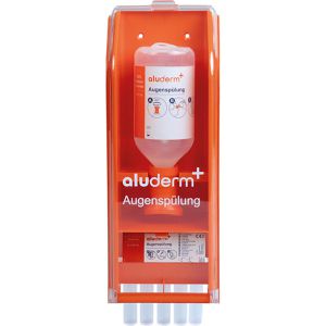 aluderm+ Augenspülung Solo, orange, NaCl, Augenspülstation mit Wandbox & Einwegampullen, 5x 20ml & 500ml