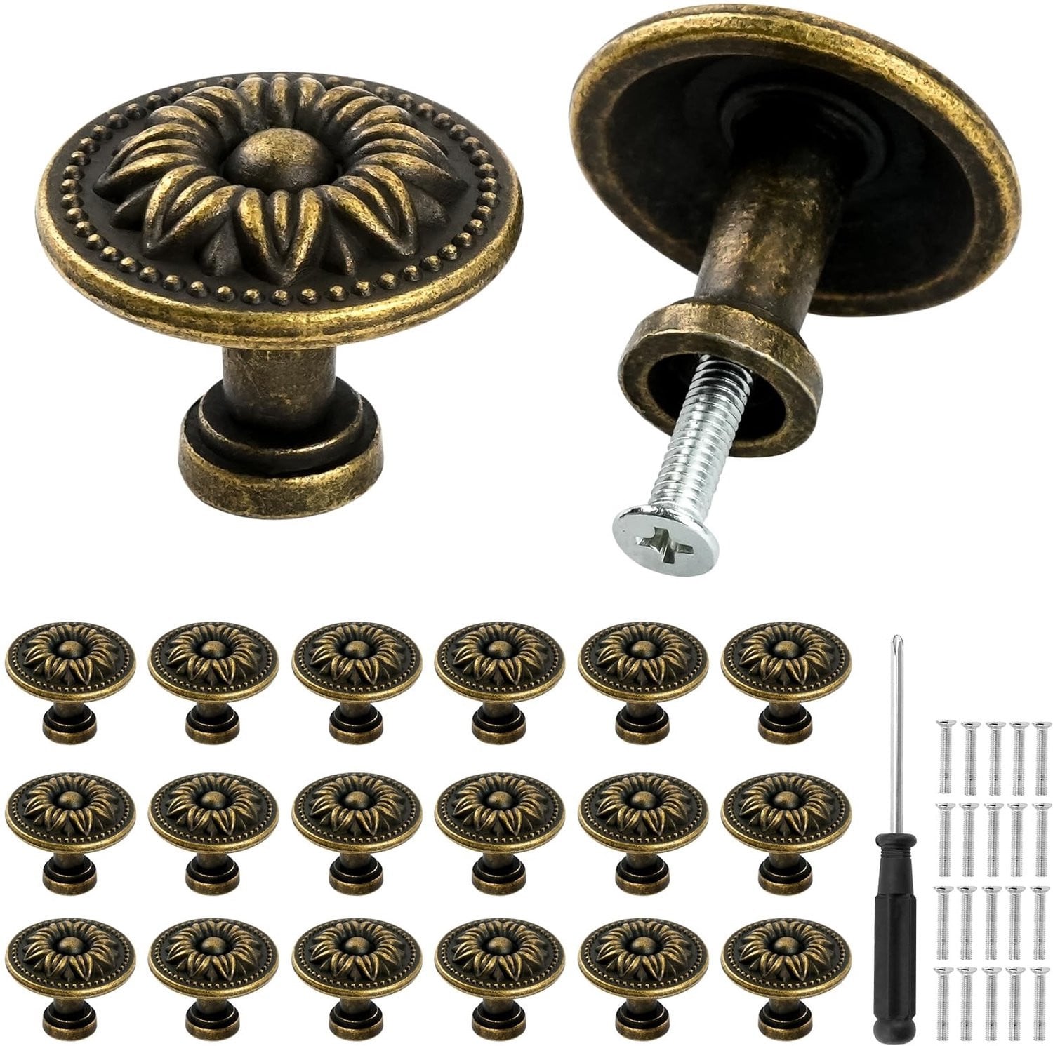 Set van 20 vintage kastknoppen in brons voor meubels