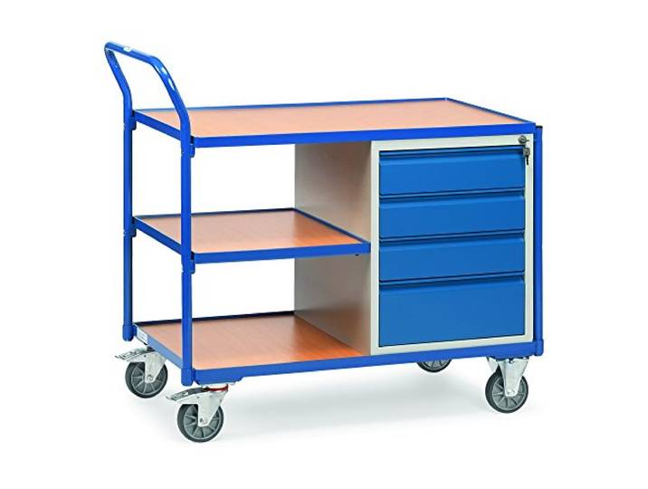 Fetra Transportgeräte bbob634 Werkbank mit 2 Einlegeböden und 4 Schubladen Rollen, 125 mm Durchmesser, 1000 mm x 600 mm Plattform