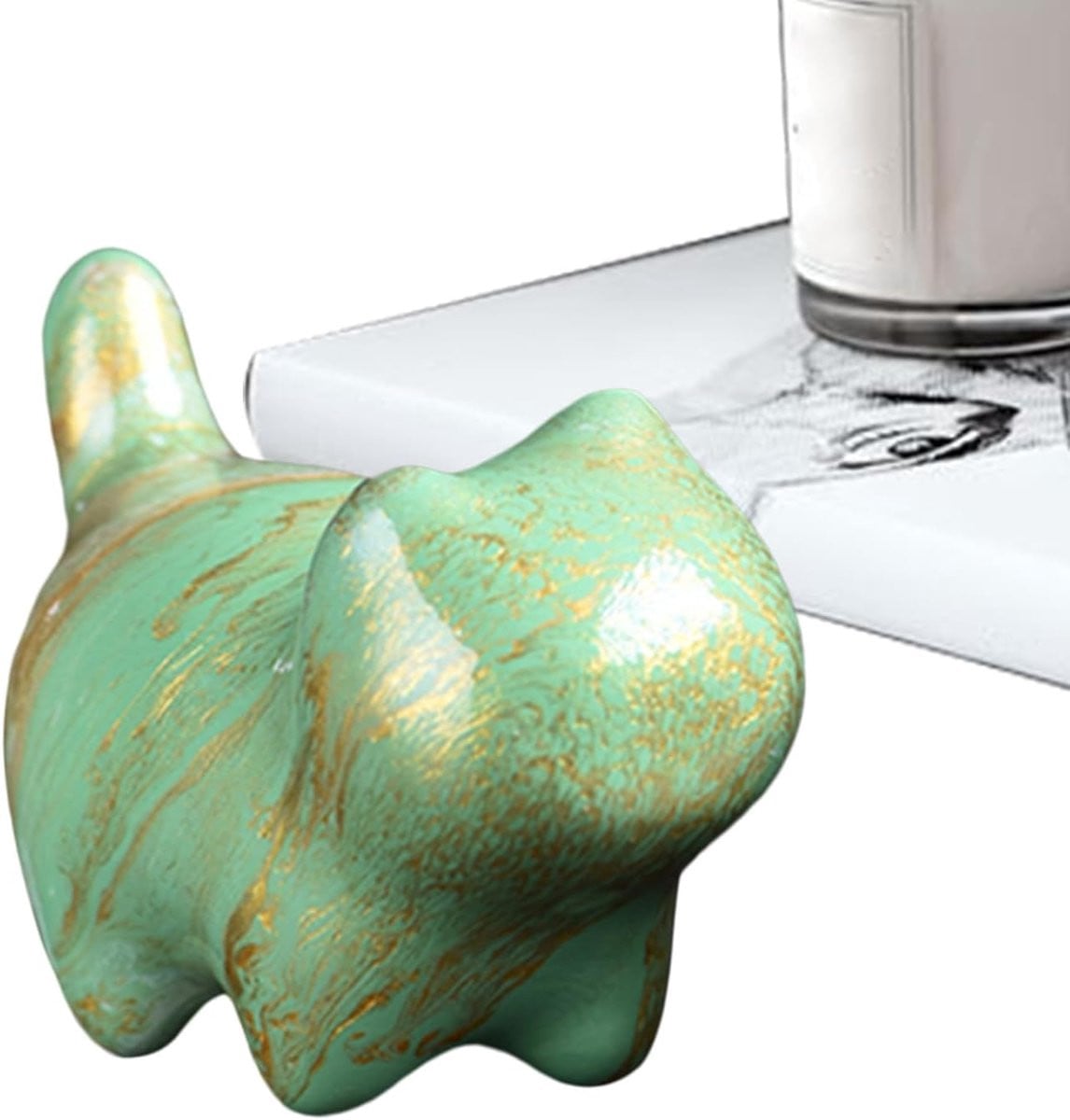 Handgemaakt Houten Kat Beeldje Groen - Miniatuur Sculptuur voor Woonkamer Decoratie - 48 cm