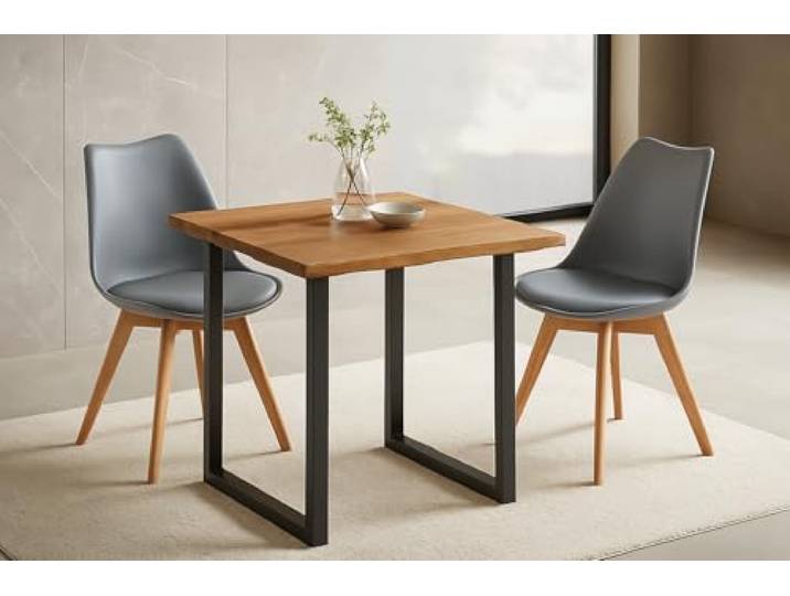 SAM 3-tlg. Essgruppe Josy 80x80 cm, Wildeiche-Optik, 2x Stuhl Grau Baumkante, Holz Wildeiche-Optik, 40 mm Platte, U-Gestell Schwarz, 2X Schalenstuhl Grau + Buche-Gestell