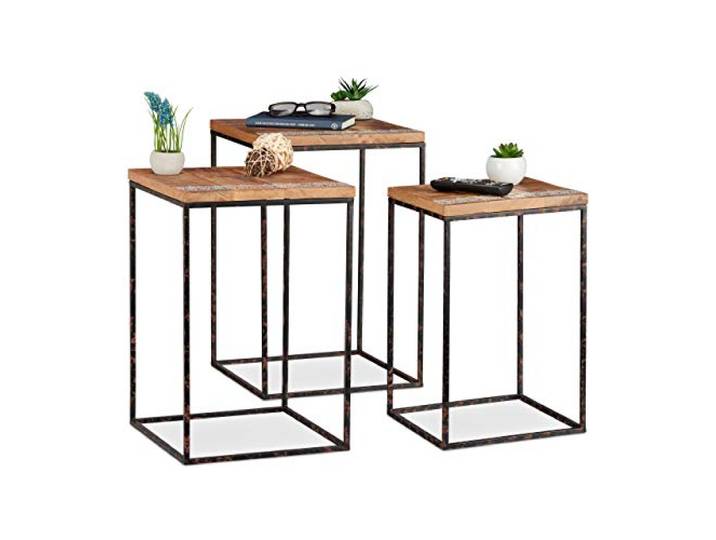 Relaxdays Beistelltisch 3er Set, Mangoholz & Metall, Stilmix, Wohnzimmer, Satztische in versch. Größen, braun/schwarz