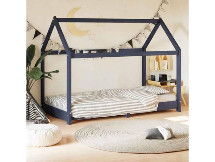 ZXQVLMRS Kinderbett Baumhaus-Stil Massivholz Kiefer 70 x 140 cm Grau Robustes Lattenrost-Design, Spielhaus-Optik, Vielseitige Leseecke