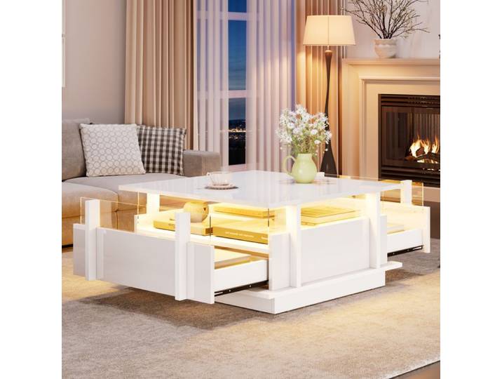 Table basse avec finition brillante - 70x70x35 cm - Blanc - 2 tiroirs - Éclairage LED - Séparateur en acrylique