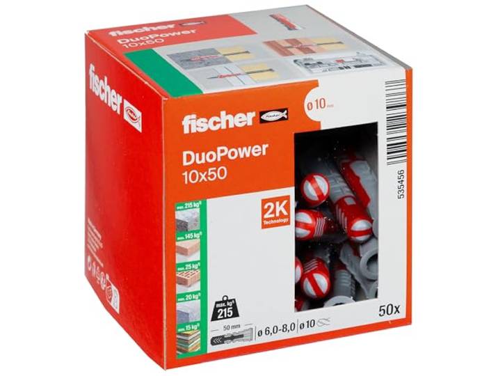 fischer DuoPower 10 x 50, universele plug, hoogwaardige 2-componenten plug, kunststof plug voor bevestiging in beton, baksteen, steen, gipsplaat en nog veel meer, zonder schroeven, 50 stuks