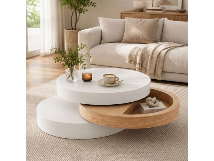 Table Basse Ronde Rotative 360° Table de Salon avec Rangement Caché et 3 Niveaux 60x60x35 cm Blanc et Bois Naturel
