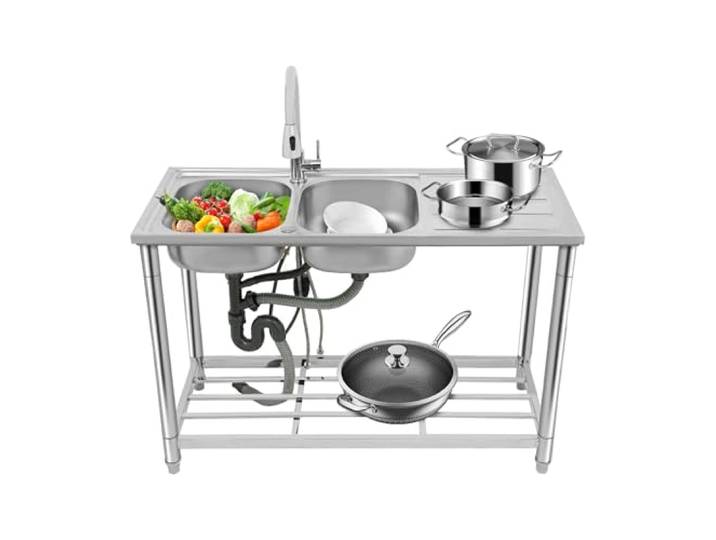 Doppelspüle Aus Edelstahl, 120x50cm Freistehende Gastrospüle mit Armatur 2 Becken Je 17cm Tief, 360° Drehbarer Wasserhahn Zum Ausziehen, Gitterablage & Verstellbare Füße für Küche, Restaurant & Café