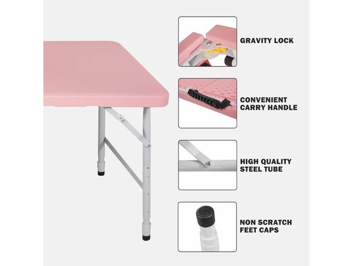 Table pliante portable - ZEVKOR - 125×61×74 cm - Hauteur réglable 58–74 cm - Poignée de transport - Rose