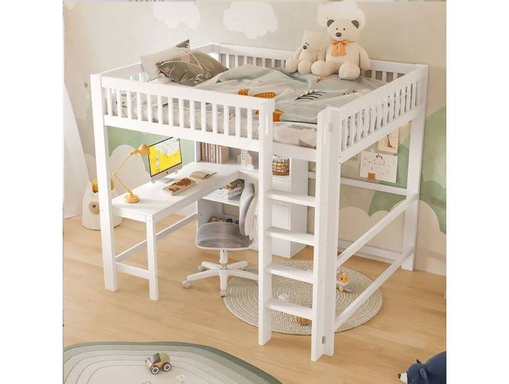 O.Ye Lit mezzanine haut 140 x 200 cm Lit Pin avec multiples rangements bureau 3 tiroirs blanc LIT MEZZANINE