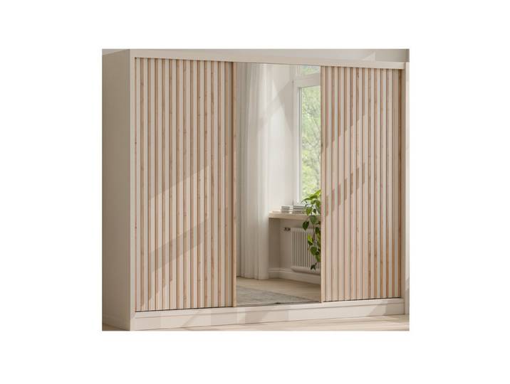 COMBO Schiebetürenschrank 250x215cm 3 Schiebetüren Spiegel Lamellen Kaschmir Schlafzimmer (3 Schiebetüren Spiegel Lamellen Kleiderstangen Regalböden) Kaschmir elegant hell modern romantisch stilvoll zeitlos