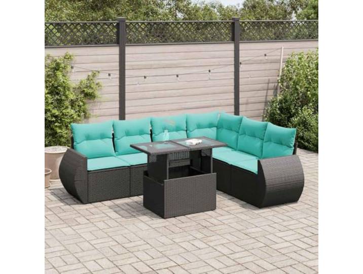 KTHLBRH Gartenmöbel-Set aus Polyrattan, 7-teilig, Schwarz Mit blauen Kissen, Glastisch, wasserdichter Aufbewahrungsbox, modular