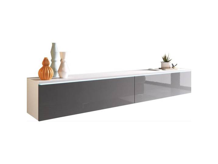 P & B Lowboard, Weiss, Grau Hochglanz, Kunststoff, 180x30x33 cm, Fsc, Made in EU, Wohnzimmer, TV Möbel, Lowboards