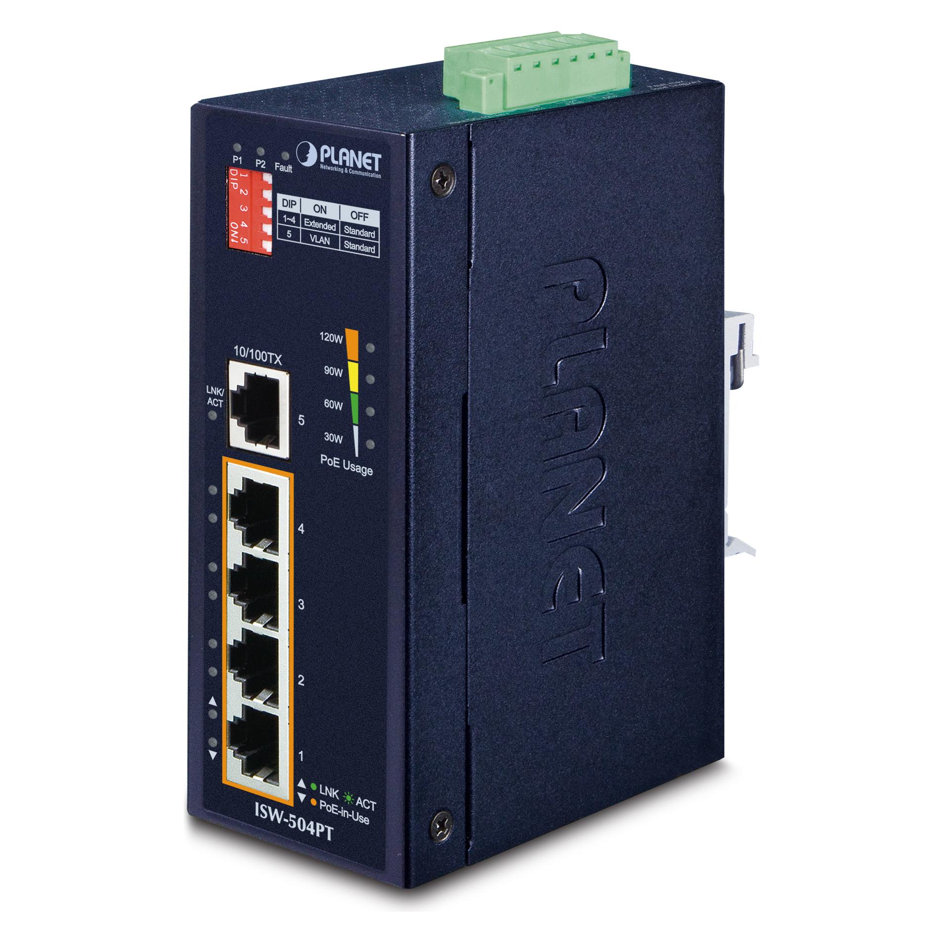 Planet 5-Port Industrial Ethernet Switch w/ 4 PoE -4075 (5 Ports) (ISW-504PT)