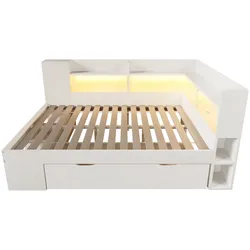 STILVORA Tagesbett Holz Weiß 140x200 cm mit LED, USB-C, Regalen, Schublade und Lattenrost