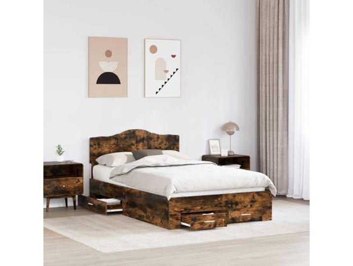 SKTQYQO Bettgestell, Eichengrau, 135 x 190 cm, mehrschichtiges Holz Lattenrost mit Kopfteil, mit Schubladen, einfach zu montieren
