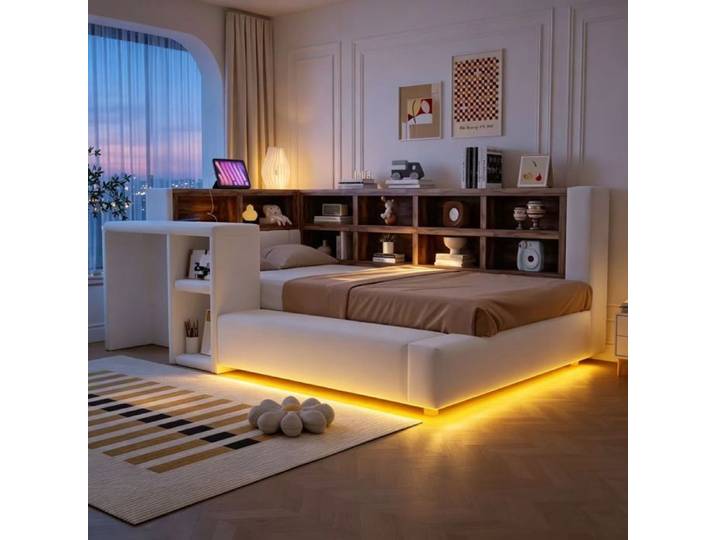 Lit combiné - ZEVKOR - 90x200 - Velours beige - LED intégrée - Rangements tête de lit