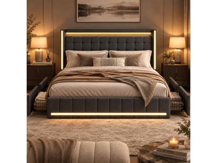 DULRLLY Polsterbett 160x200 mit 4 Schubladen, LED und USB-Ladefunktion Doppelbett mit Stauraum, Steckdose, RGB-LED Kopfteil - & Fußteil, Jugendbett Bettgestell mit Lattenrost für Schlafzimmer