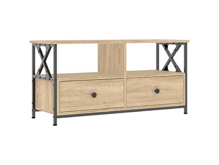 GHVBNMF TV-Schrank Industrial 90x33x45 cm Lowboard Sonoma-Eiche Kompakte Fernsehtisch-Kombination fürs Wohnzimmer mit 2 offenen Fächern und 2 Schubladen für geordneten Stauraum.