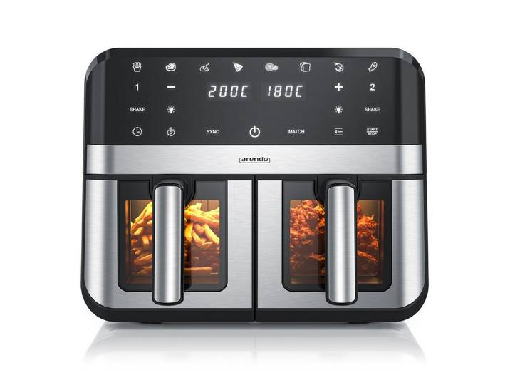 Arendo Heißluftfritteuse XXL Doppelkammer Airfryer 9L, Dual Zone, Sichtfenster mit Beleuchtung, 2400 W, mit Zubehör, Touchscreen, 3D Umluftsystem, fettarmes gesundes Kochen